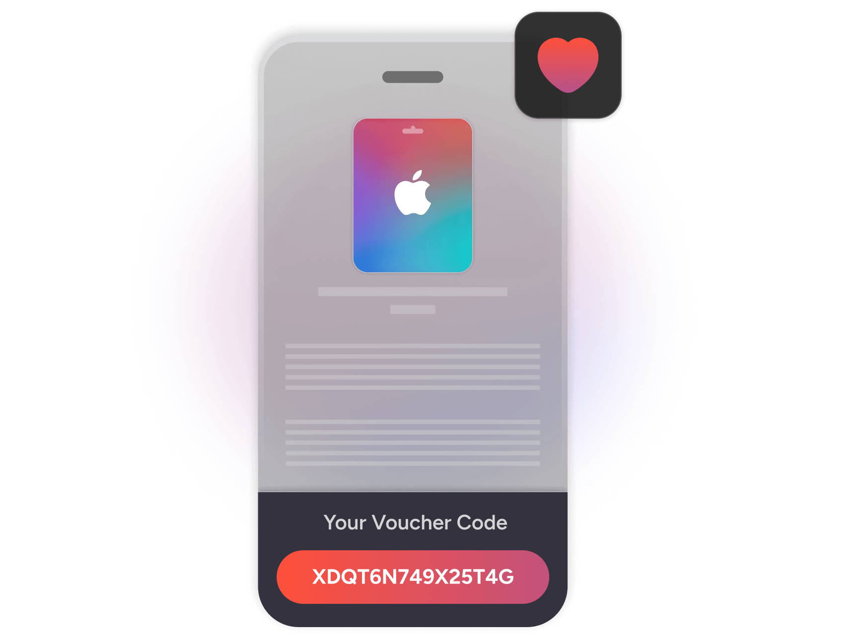 Voucher code screen displaying an Apple gift card image along with a voucher code 'XDQT6N749X25T4G' and a 'Your Voucher Code' label